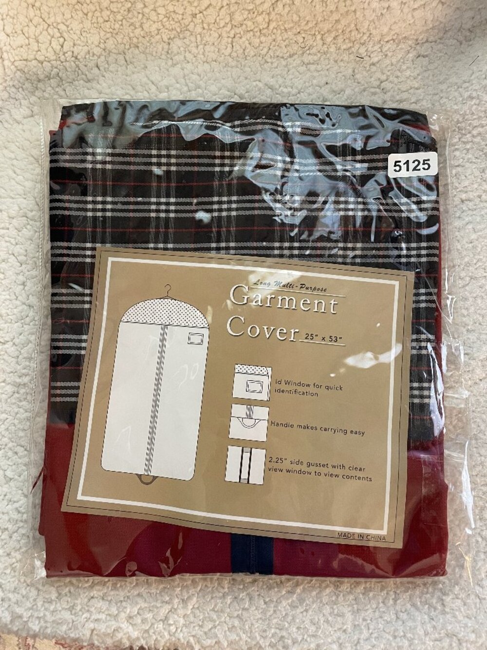 Fabric Garmet Cover 25" X 53" Zippered Red Plaid Handle Clear Window